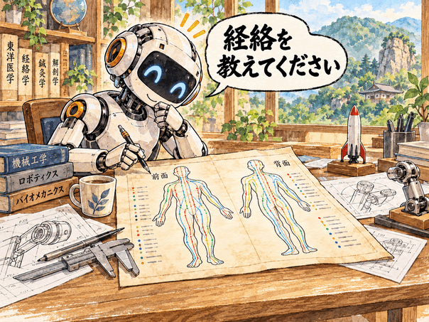 経絡図を研究し、経絡を教えてくださいと尋ねるロボットの漫画