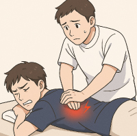 強いマッサージを受けて背中が赤く炎症し、違和感を感じている男性のイラスト